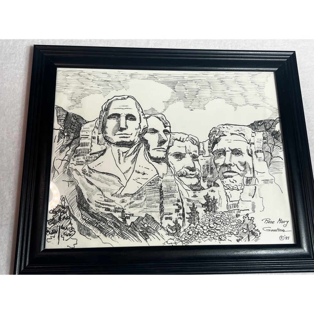 Rose Mary Goodson Signed Mount Rushmore Pen and Ink Drawing Framed Art 1985